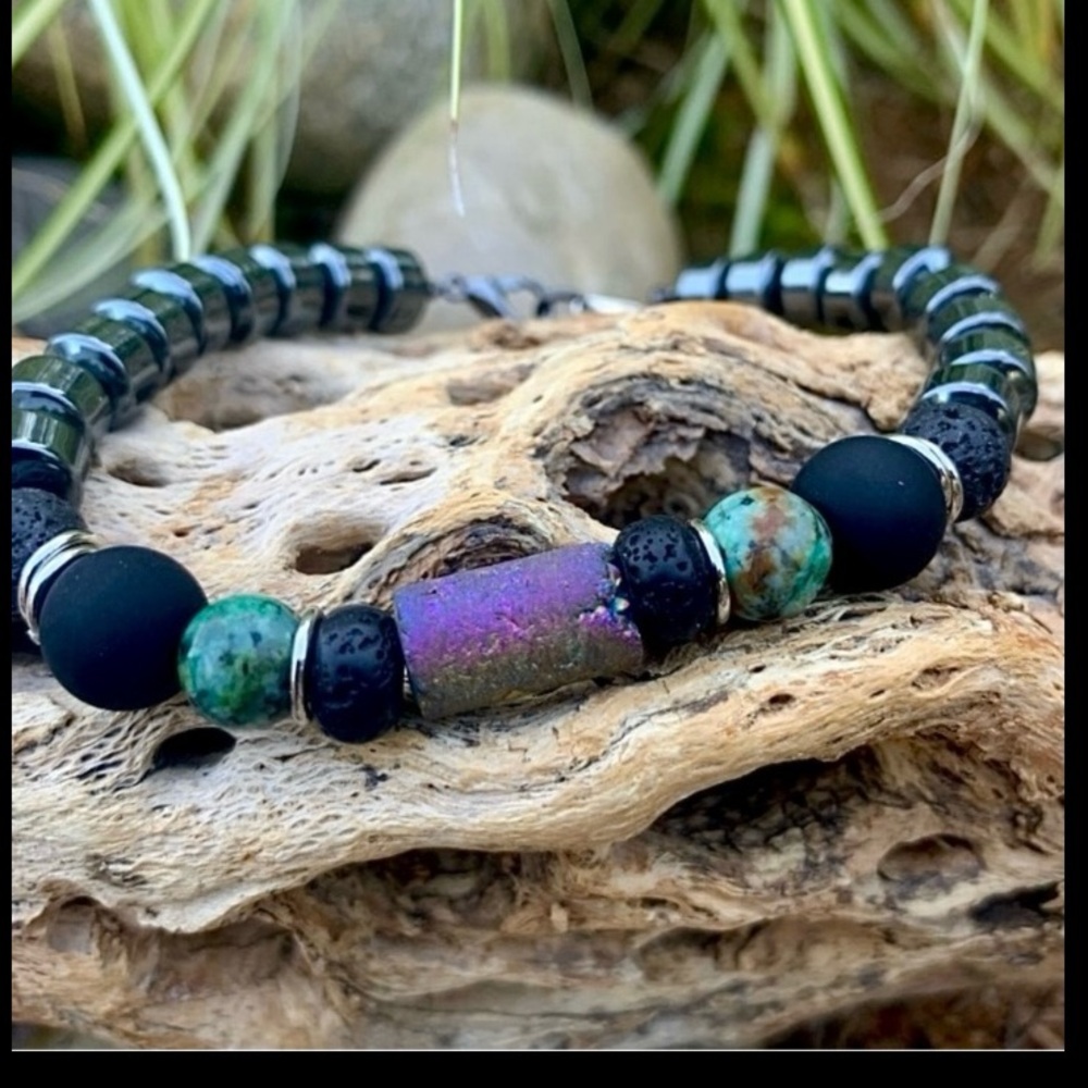 Titanium Turquoise Lava & Druzy Stone Bracelet